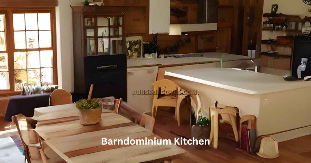 Barndominium kitchen with wooden floors and a white counter top.