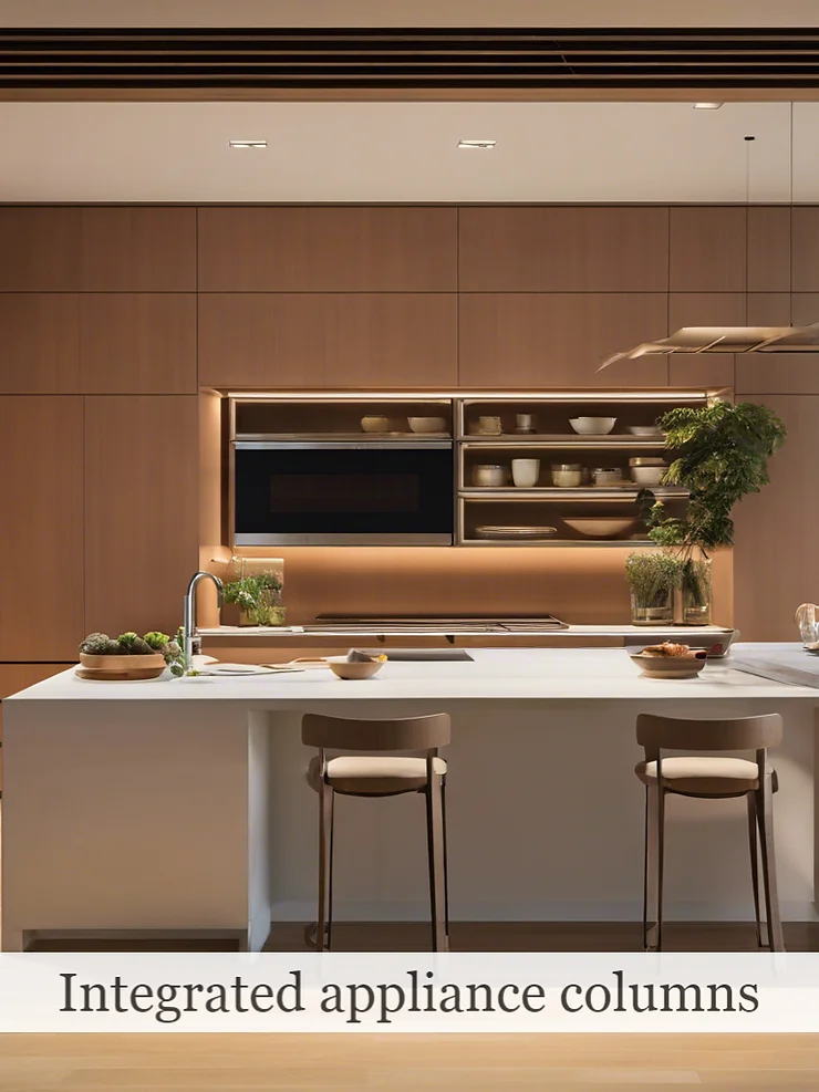 Integrated appliance columns of the kitchen island