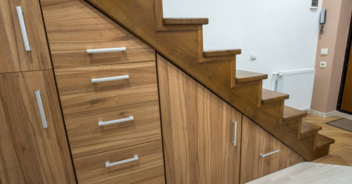 Wooden cabinet Under Stairs with white handles
