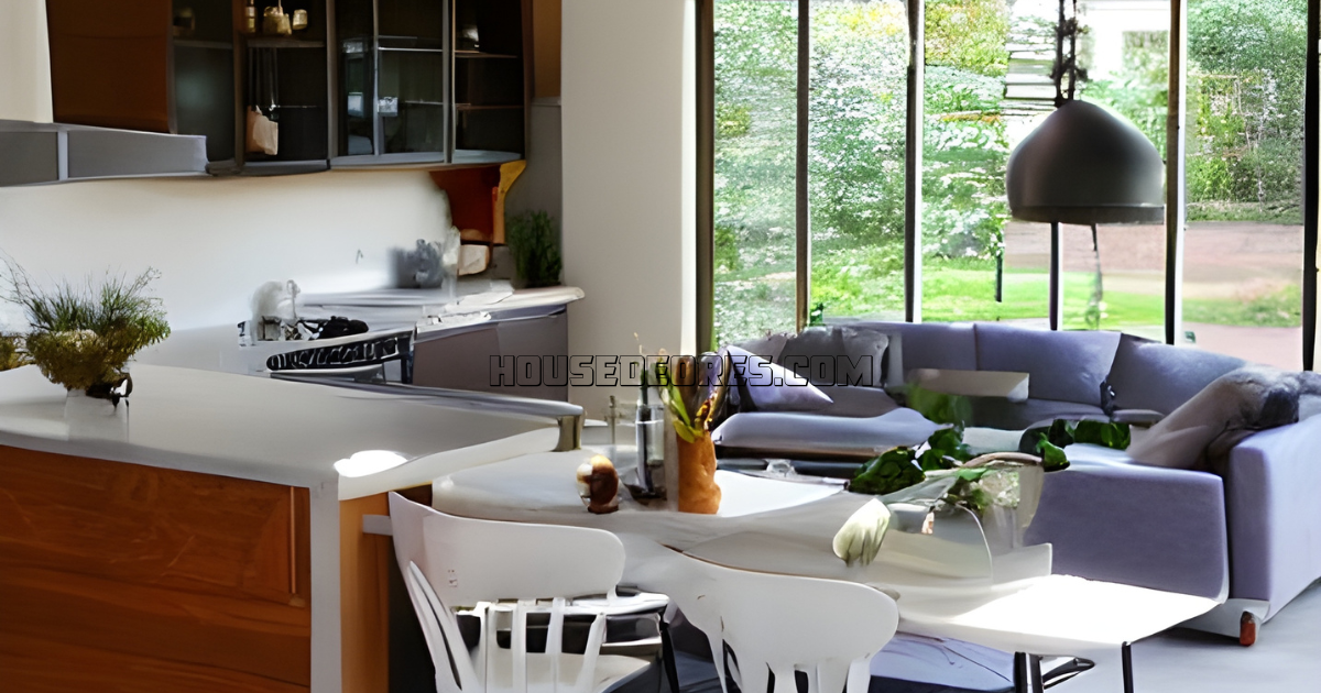 A contemporary kitchen and living room with a spacious window, showcasing a modern Barndominium design