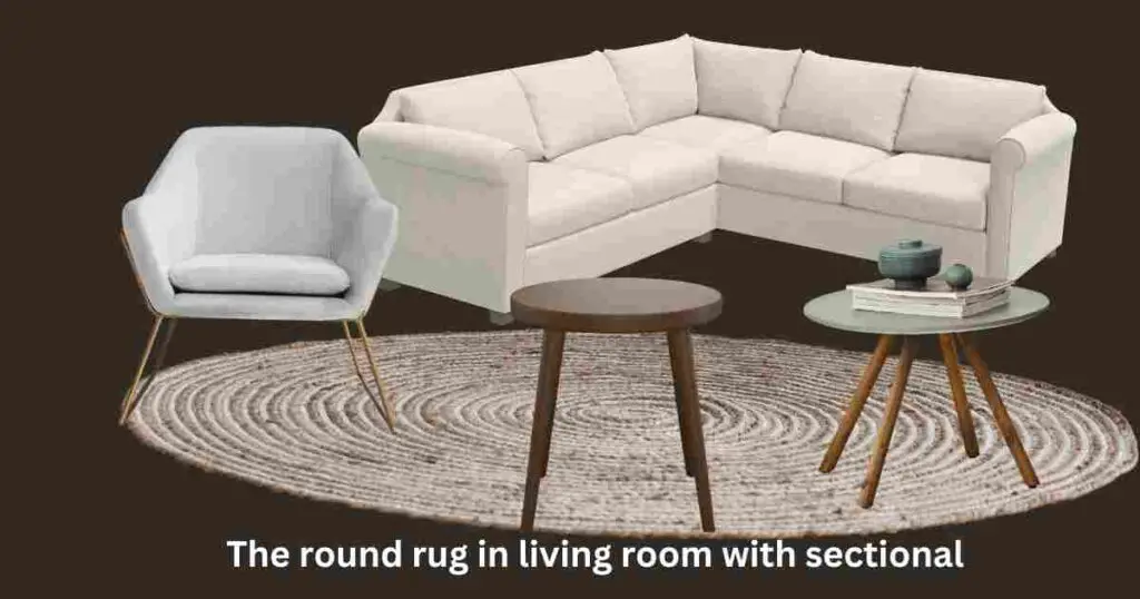 The round rug in living room with sectional with study table and chair