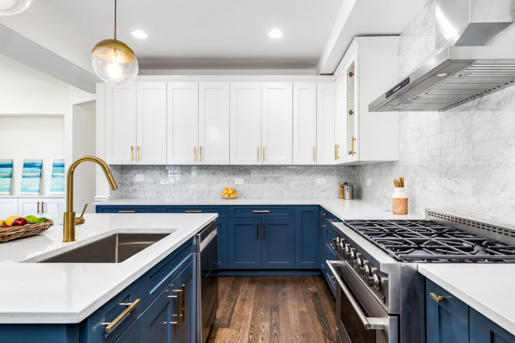 Navy Blue Base Cabinets with White Upper Cabinets