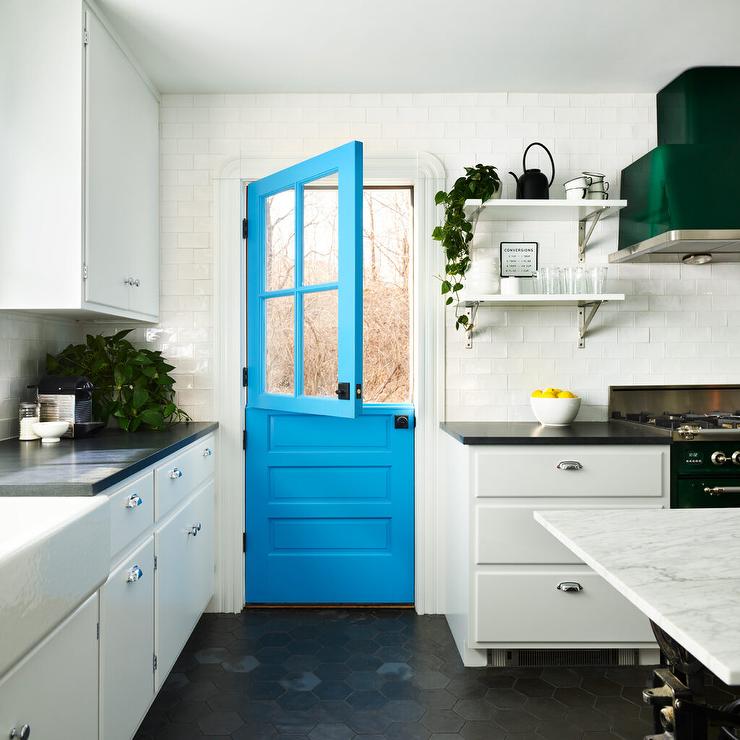 White Cabinets with Blue Glass Inserts