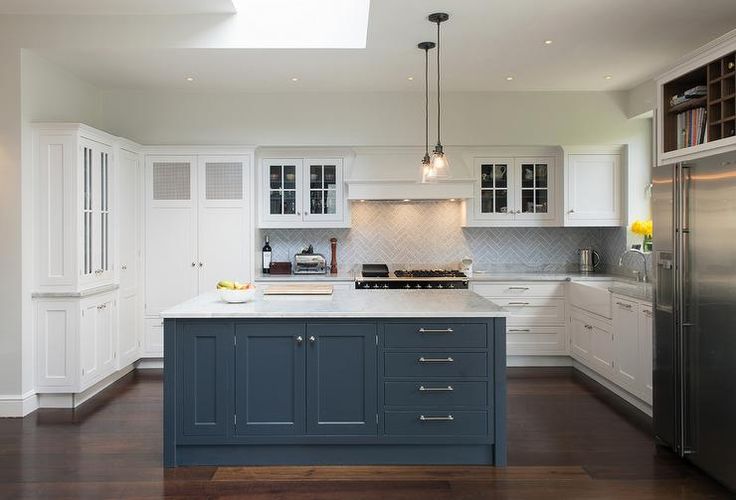 White Cabinets with Blue Island