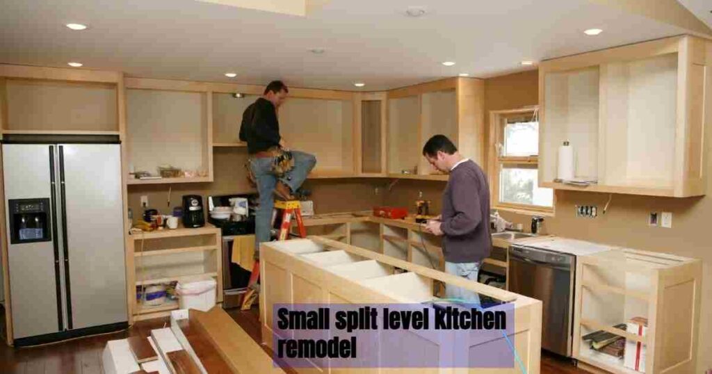 Two persons are fixing the small split level kitchen remodel