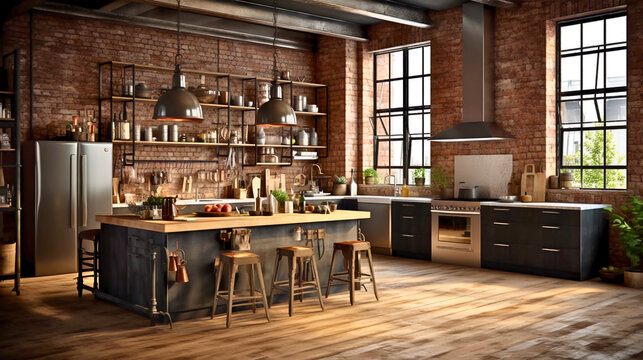 Industrial kitchen with exposed brick wall