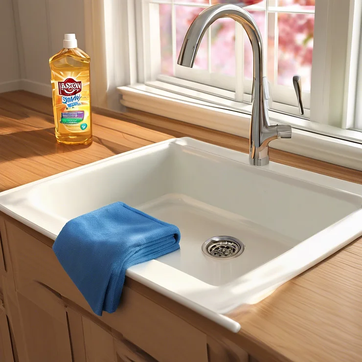 scrub the sink with a soft cloth with mild dish soap