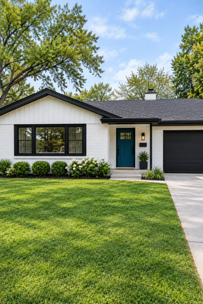 Ranch house exterior painted white with black windows and a bold front door after remodel