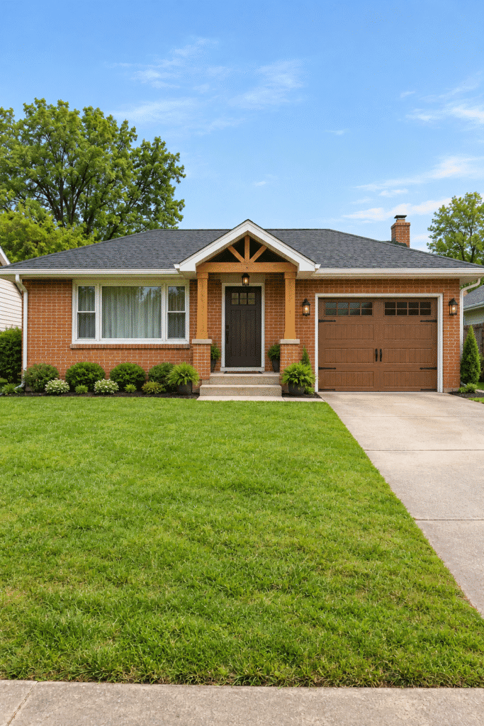 Ranch house with new gabled entry porch, timber posts, and carriage-style garage door