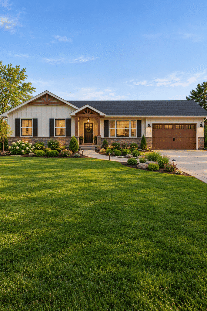 Ranch house with stone veneer, board-and-batten siding, curved walkway, and layered landscaping