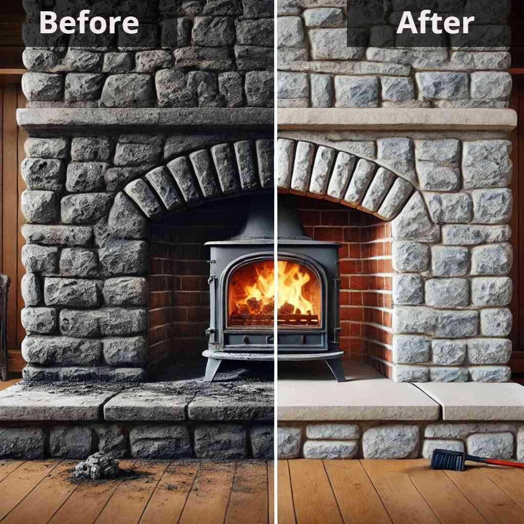 Clean stone fireplace before and after