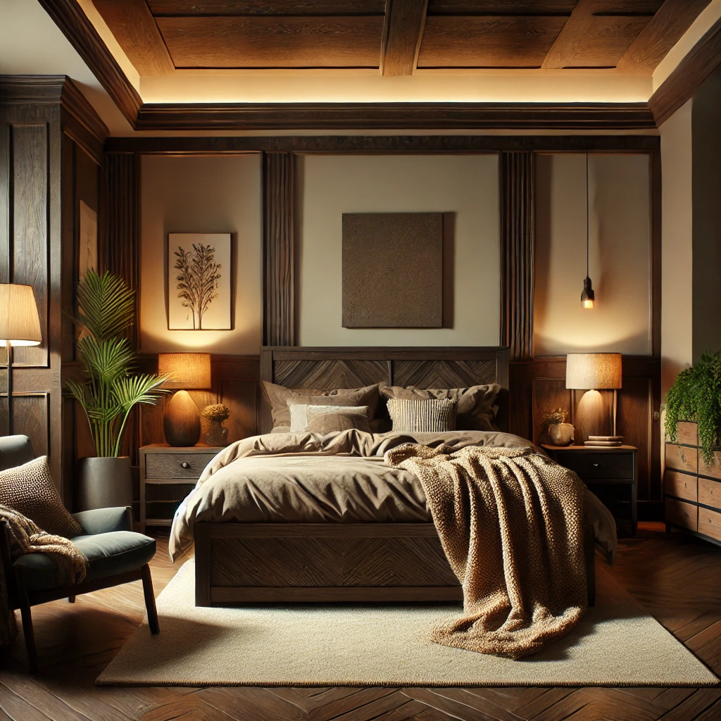 Cozy bedroom decor with dark wood