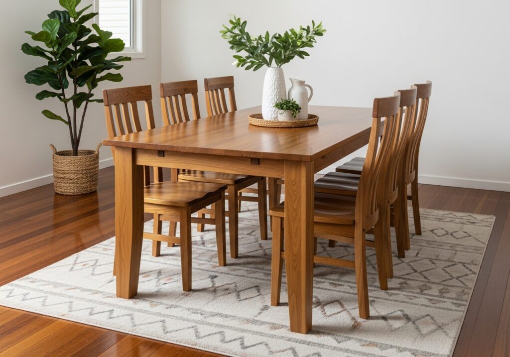 Add a teak wood dining table