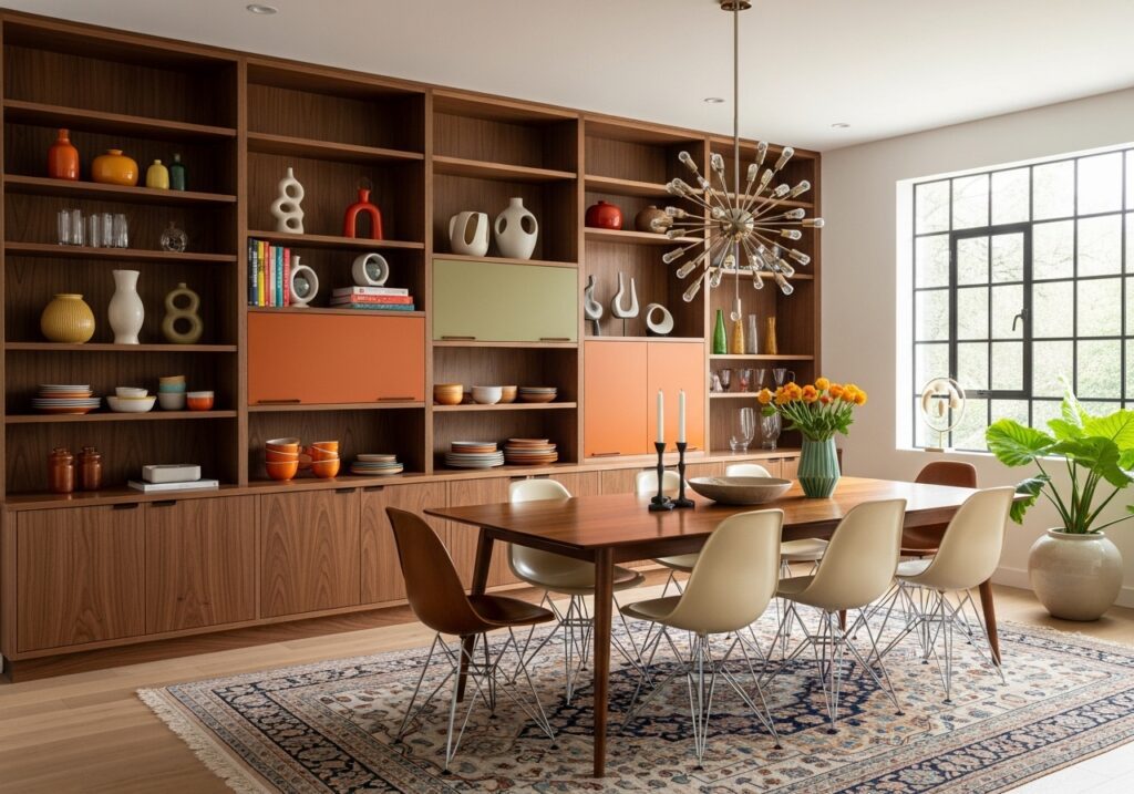 Mid century modern dining room ideas :  Built-in shelving