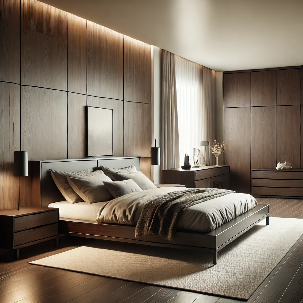 Modern bedroom with dark wood furniture