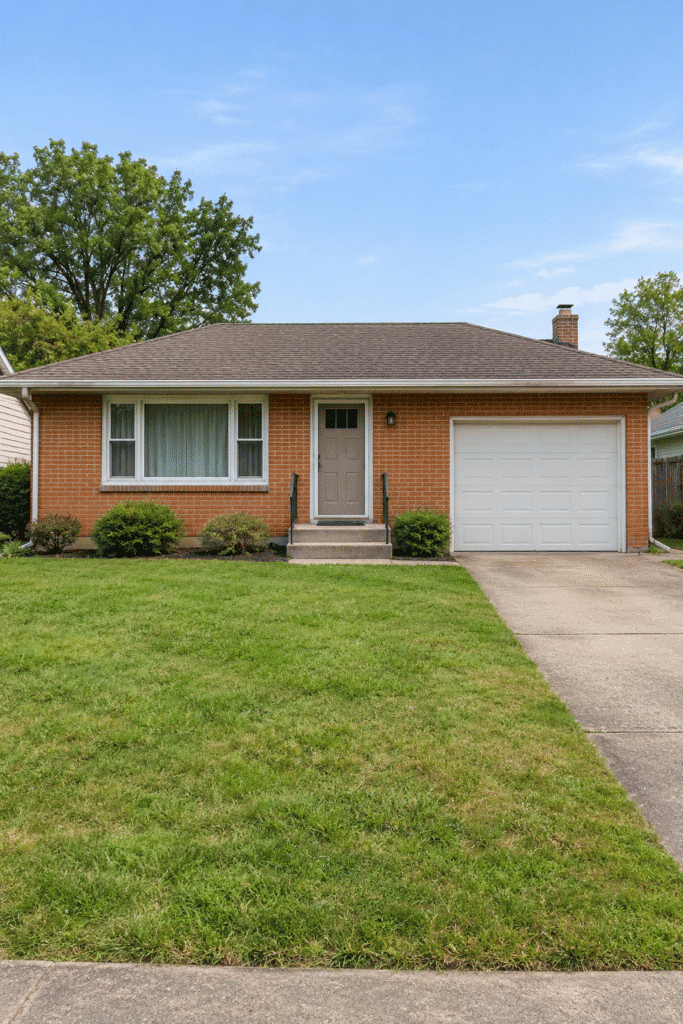 Plain ranch house facade with small stoop and basic garage door before porch addition