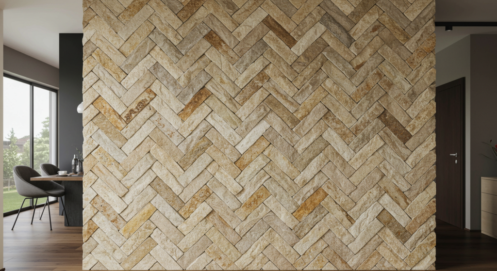 Full Stone Accent Wall with Herringbone Design