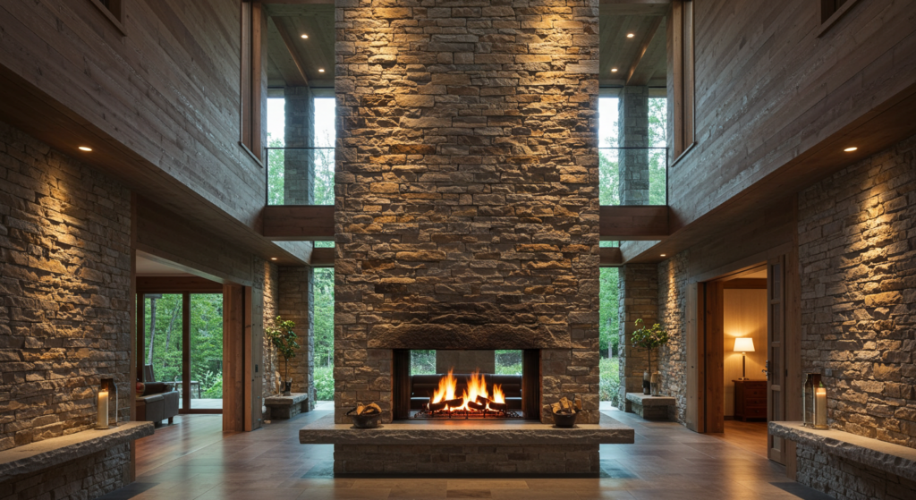 Floor-to-Ceiling Stone Fireplace in Open Entryways