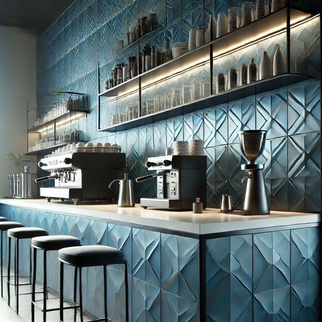 Modern blue tile backsplash for a contemporary coffee bar