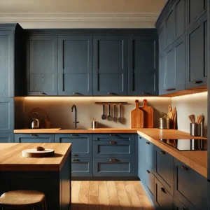 Navy Blue Cabinets with Butcher Block Countertop Ideas