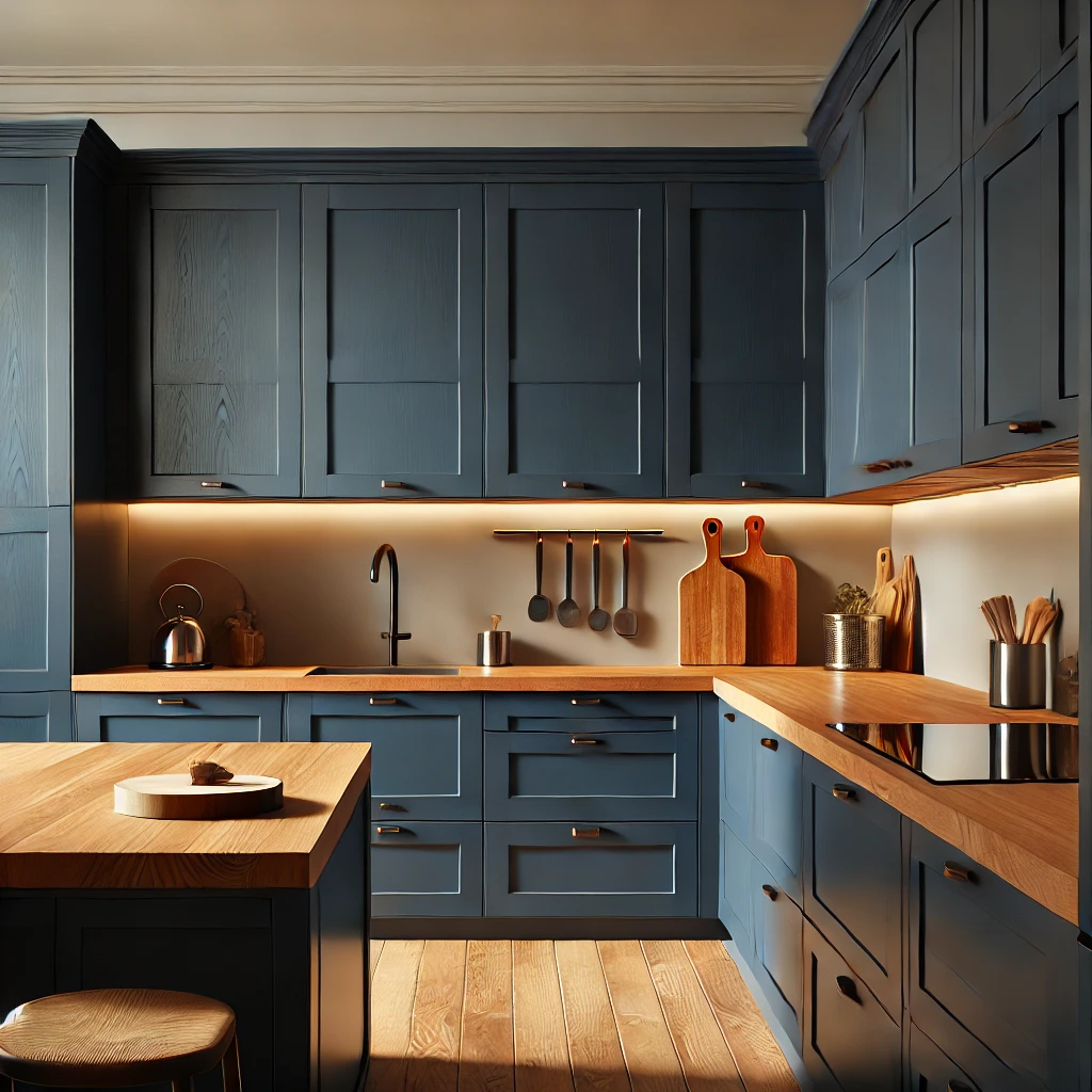 Navy Blue Cabinets with Butcher Block Countertop Ideas