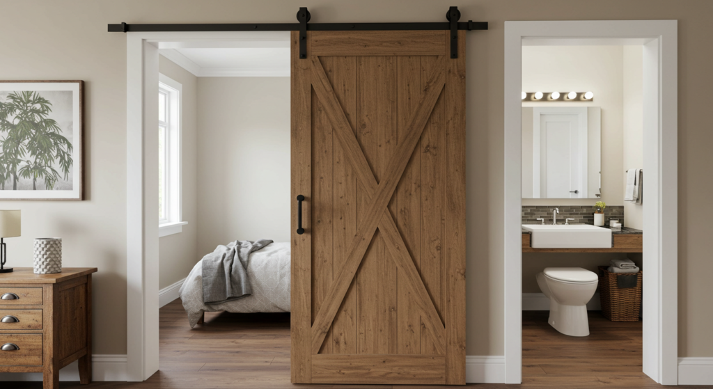 A compact bathroom with craftsman barn door