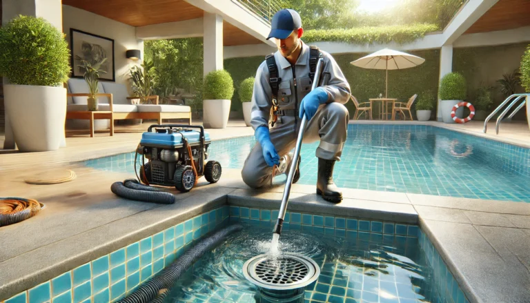 A pool technician kneels by a swimming pool, cleaning the filter with a hose. Hes wearing a cap, uniform, and blue gloves. A generator sits nearby. The scene is sunny, with decorative plants and outdoor furniture in the background.