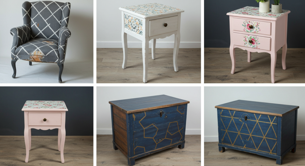 Repurposed furniture including chairs and stools