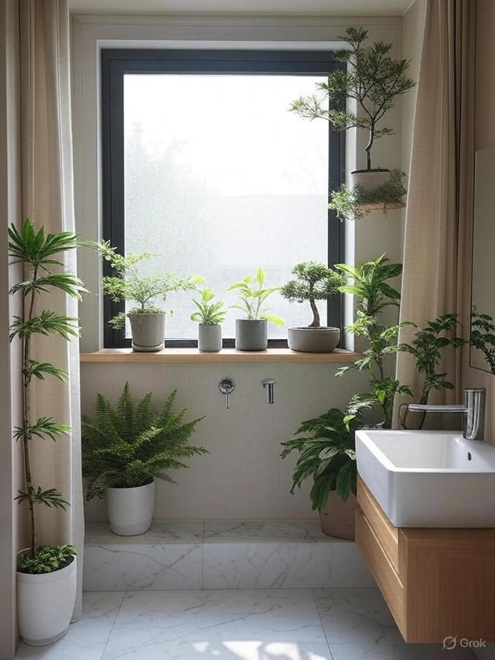 modern bathroom window ideas Indoor plants on the sill 