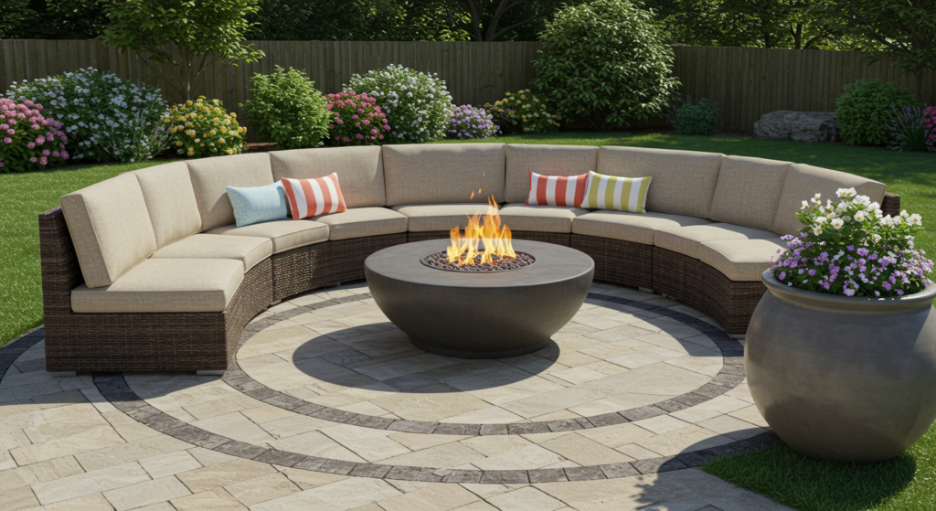 circular fire pit of patio