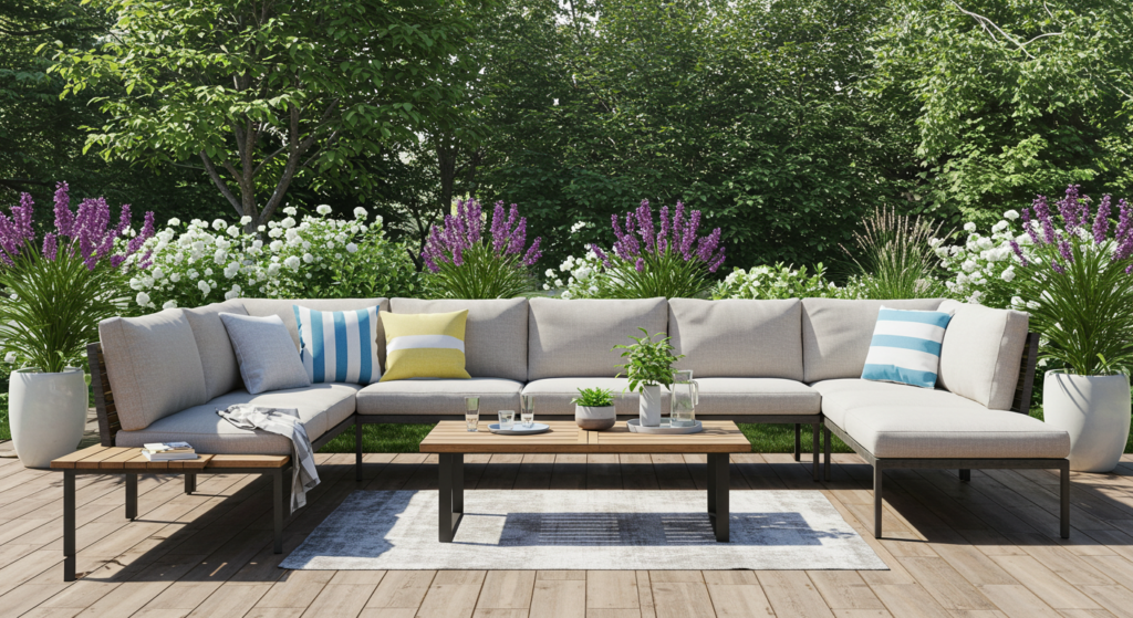mix of benches, stools, chairs, and sectionals to serve different purposes in patio decor