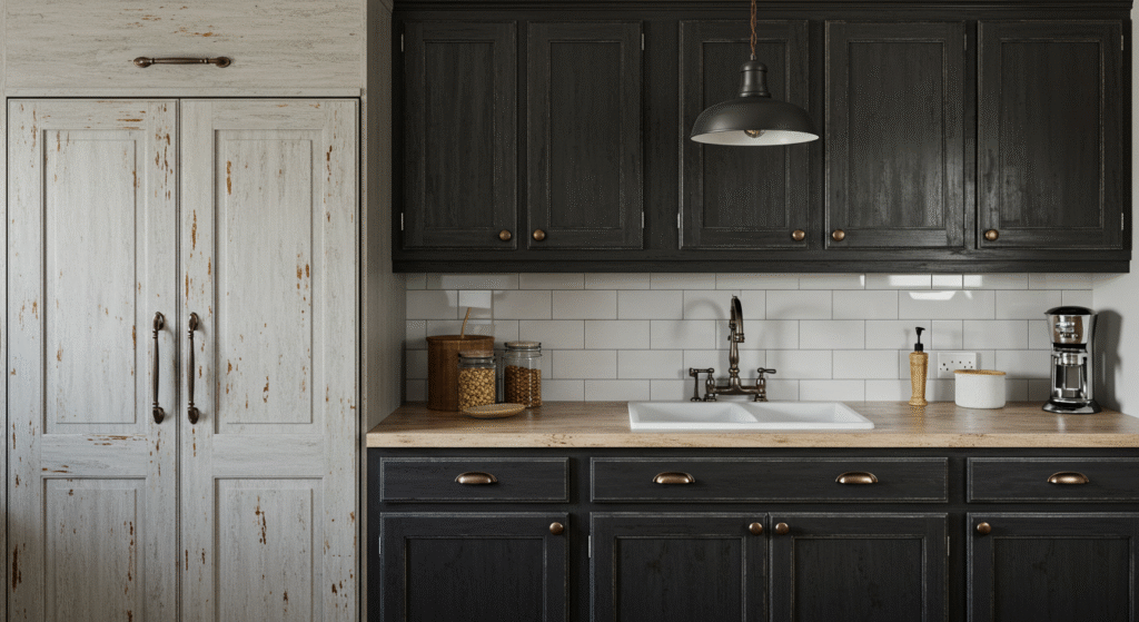 Distressed Gray and Black Kitchen Cabinet