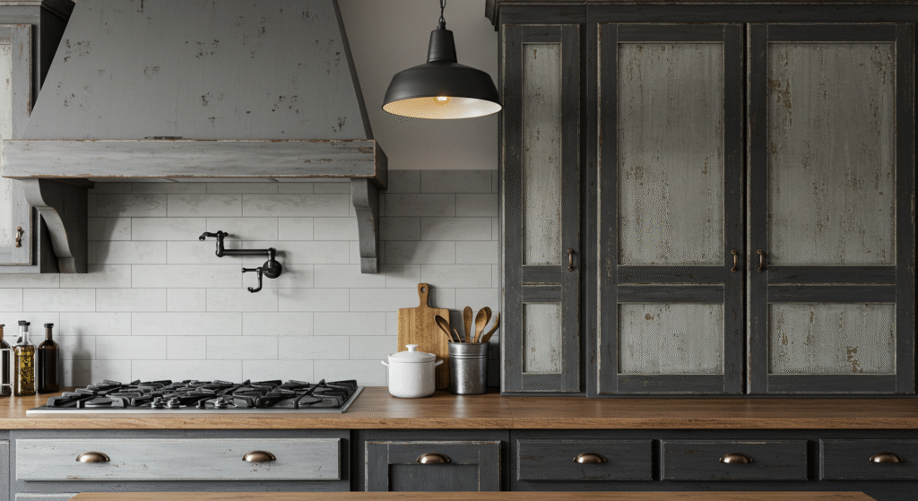 Distressed Gray and Black Kitchen Cabinet