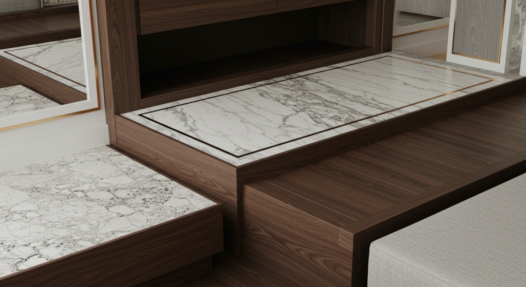 Mirrors, metal trims, and fabric upholstery
