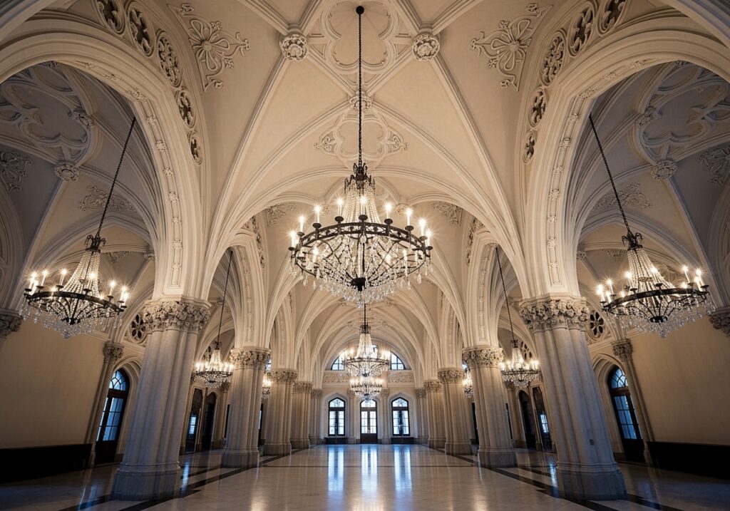 vaulted Ceiling with Chandeliers