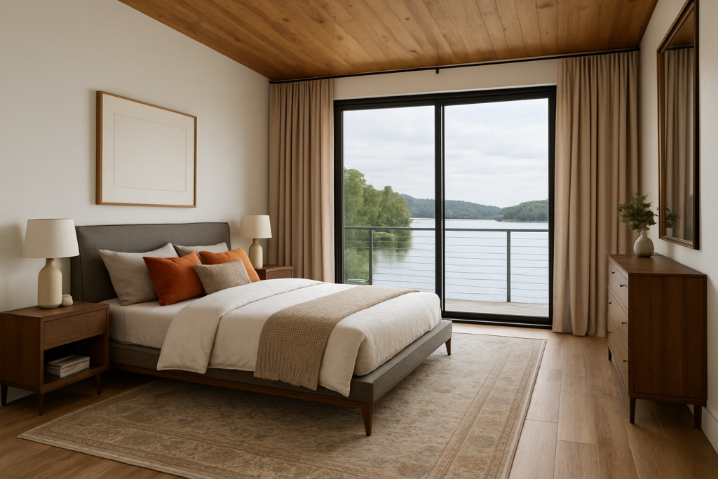 Modern Lake House Bedroom Decor with Rugs and Flooring