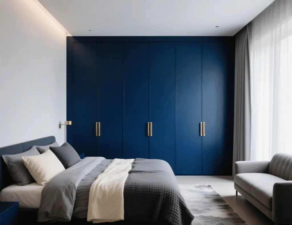 Blue Bedroom With Bold Wardrobe