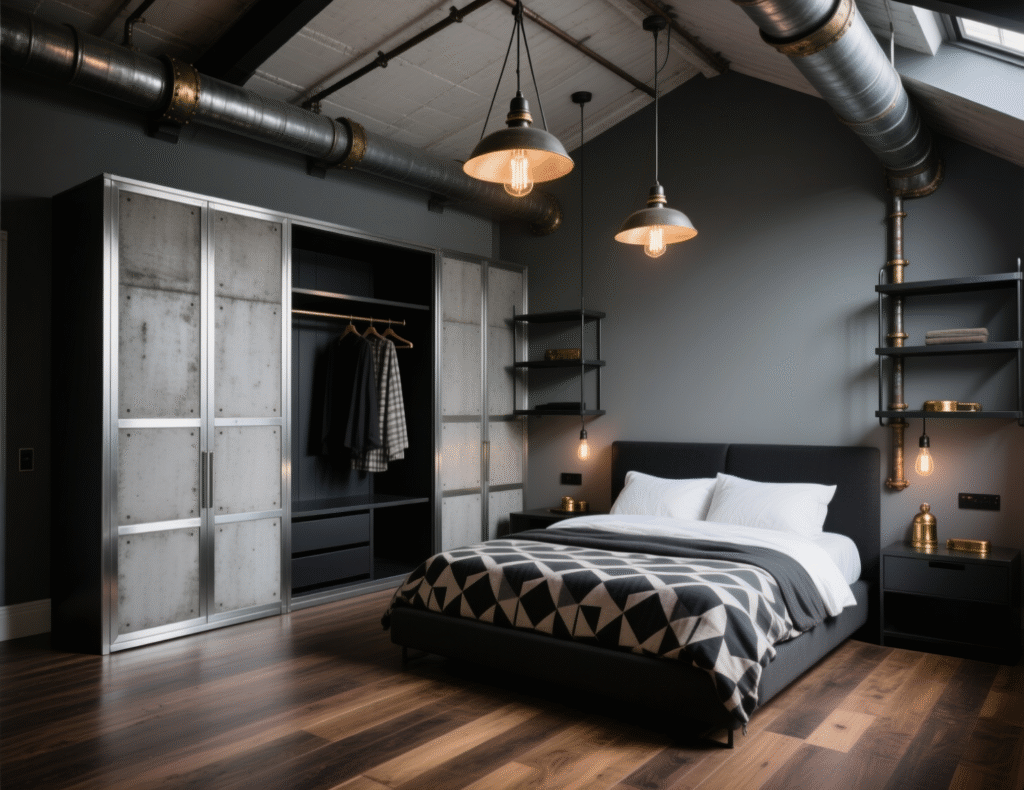 Industrial Chic Bedroom With Metal and Concrete Finishes