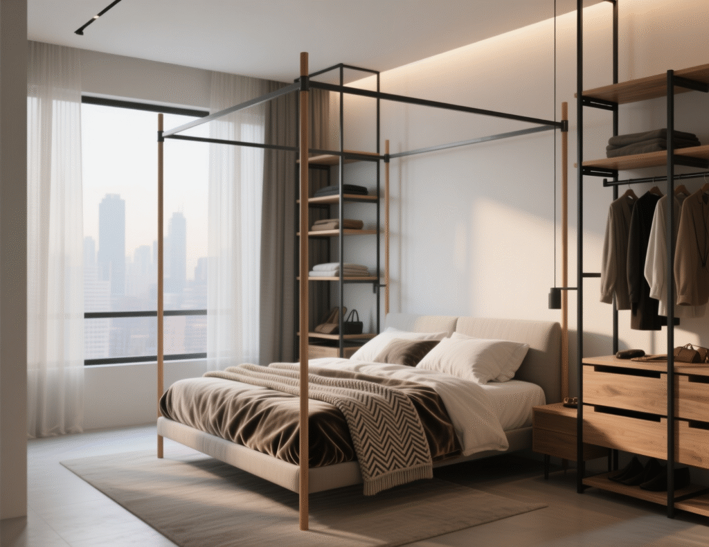 Contemporary Bedroom With Canopy Bed and Open Wardrobe

