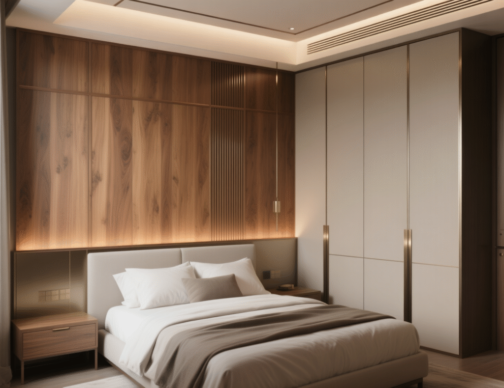 Transitional Bedroom With Wooden Accent Wall