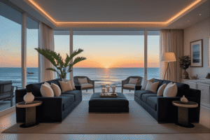 25 Modern Coastal Living Room With Dark Furniture Design Ideas