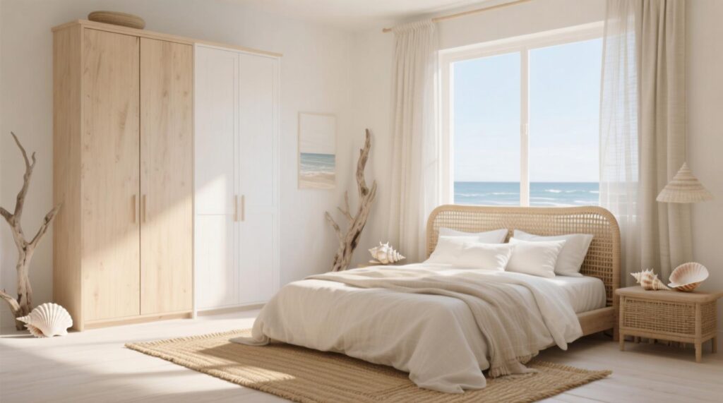 Coastal Bedroom With Light Wood Wardrobes
