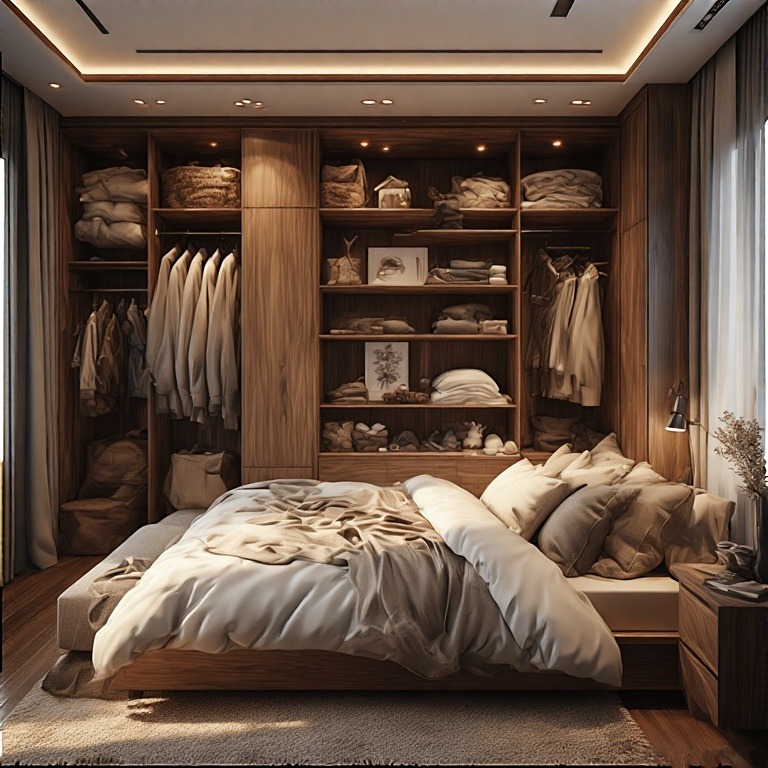 Cozy Bedroom With Built‑In Shelving and Storage Bed