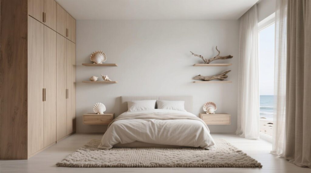 Neutral Bedroom With Floating Shelves