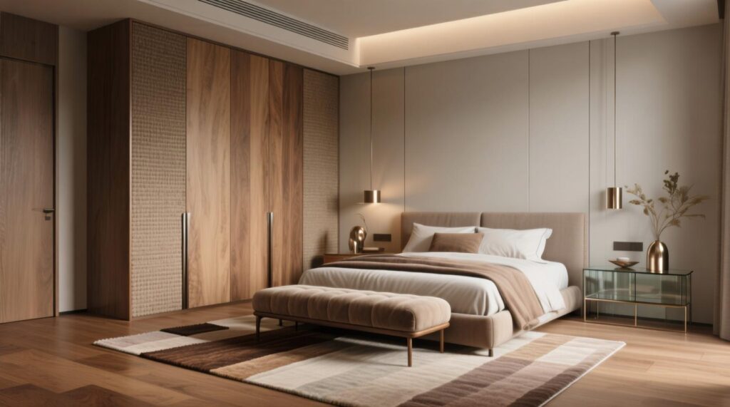 Textured Modern Bedroom With Wood Flooring