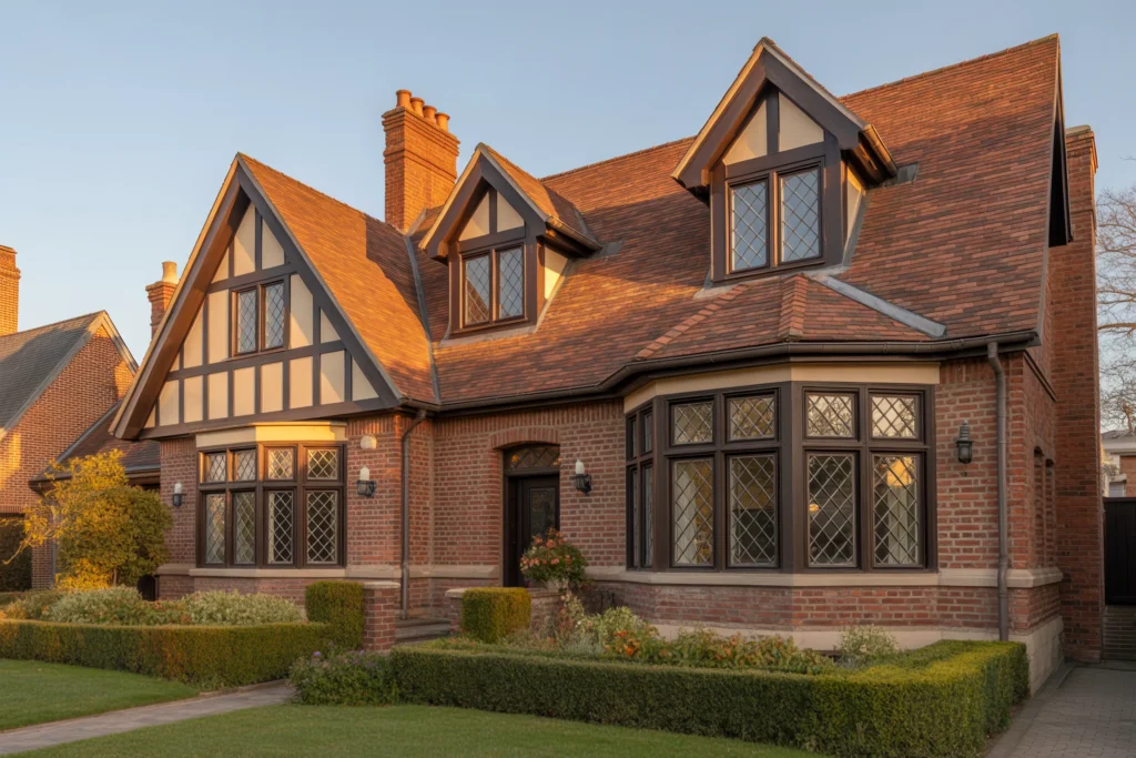 Modern Tudor with Bay Windows and Brick Facade
