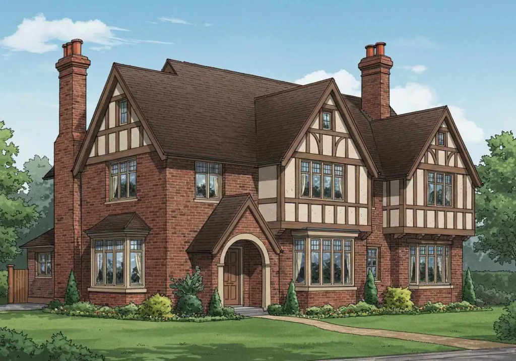  Modern Tudor with Bay Windows and Brick Facade