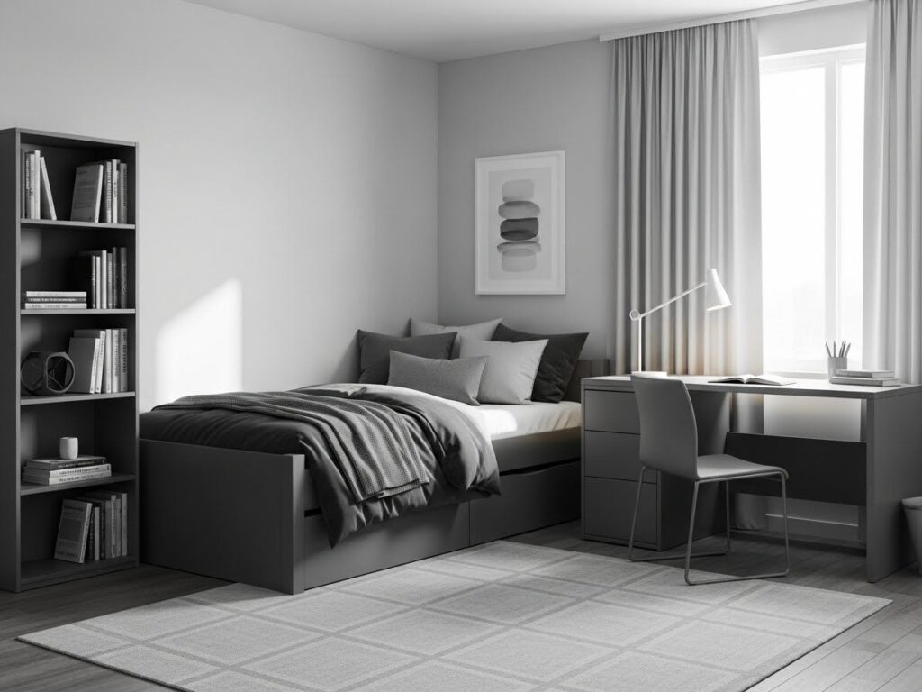 Monochrome Gray Dorm Room Aesthetic