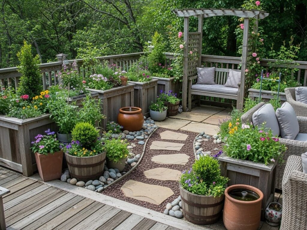 Rustic Deck Garden with Natural Materials