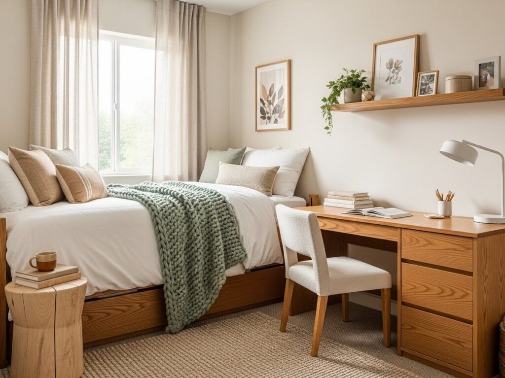 Soft Neutral Tones with Warm Wood Accents